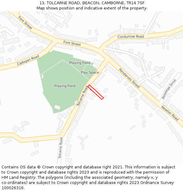 13, TOLCARNE ROAD, BEACON, CAMBORNE, TR14 7SF: Location map and indicative extent of plot