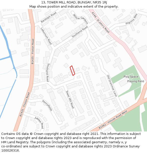 13, TOWER MILL ROAD, BUNGAY, NR35 1RJ: Location map and indicative extent of plot