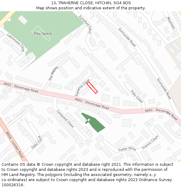 13, TRAHERNE CLOSE, HITCHIN, SG4 9DS: Location map and indicative extent of plot