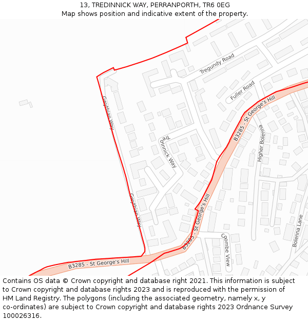 13, TREDINNICK WAY, PERRANPORTH, TR6 0EG: Location map and indicative extent of plot