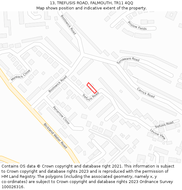 13, TREFUSIS ROAD, FALMOUTH, TR11 4QQ: Location map and indicative extent of plot