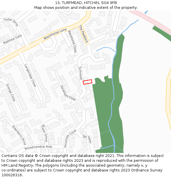 13, TURFMEAD, HITCHIN, SG4 9FB: Location map and indicative extent of plot