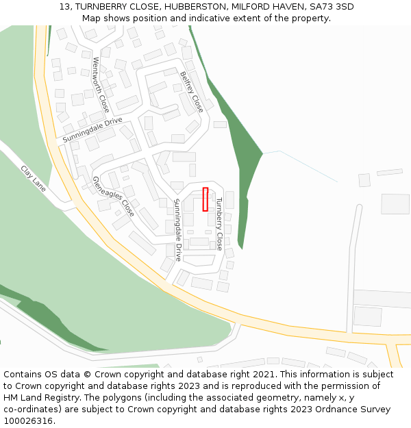 13, TURNBERRY CLOSE, HUBBERSTON, MILFORD HAVEN, SA73 3SD: Location map and indicative extent of plot