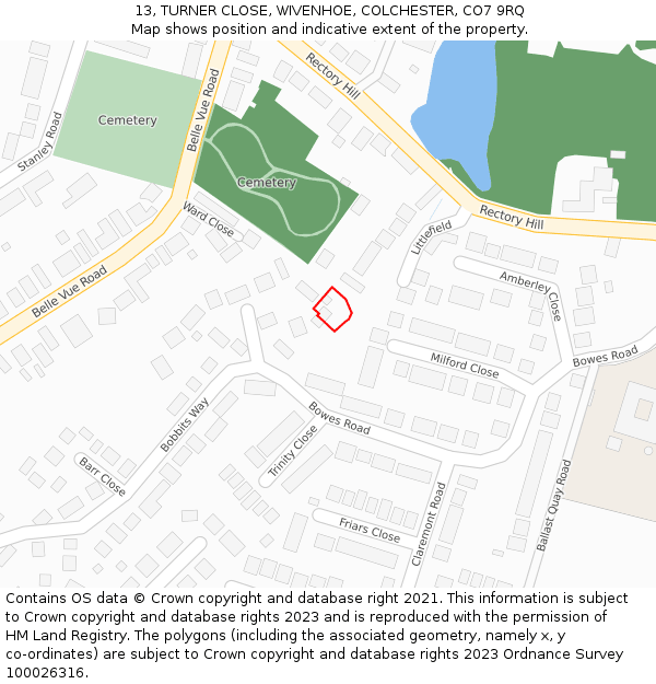 13, TURNER CLOSE, WIVENHOE, COLCHESTER, CO7 9RQ: Location map and indicative extent of plot