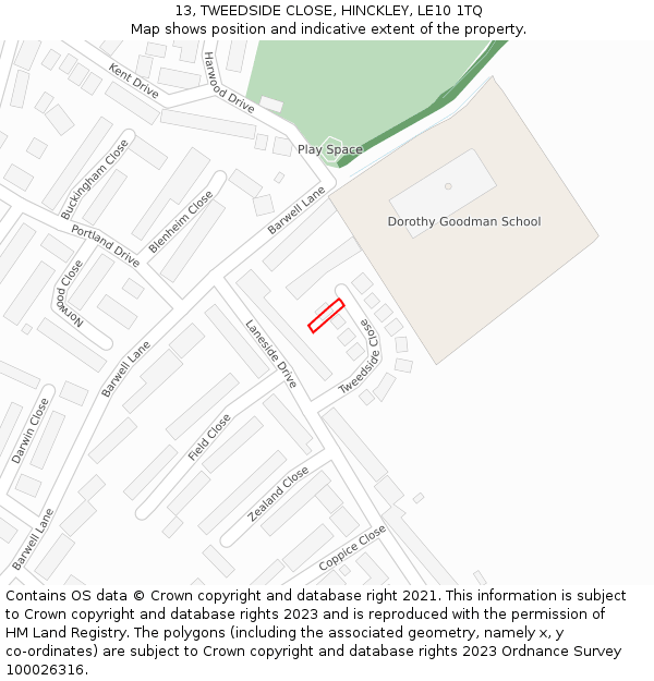 13, TWEEDSIDE CLOSE, HINCKLEY, LE10 1TQ: Location map and indicative extent of plot