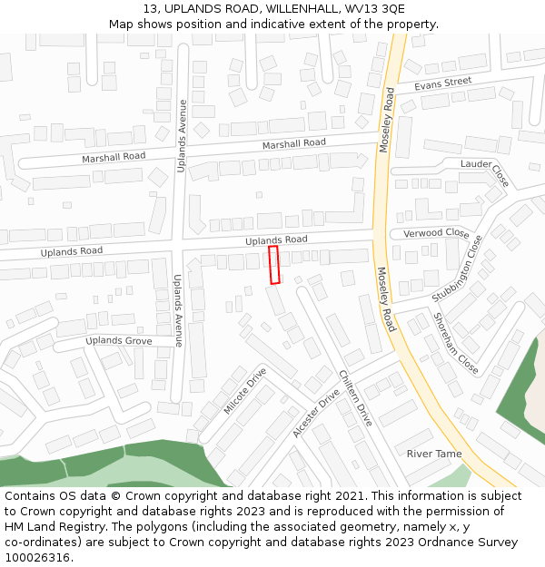 13, UPLANDS ROAD, WILLENHALL, WV13 3QE: Location map and indicative extent of plot
