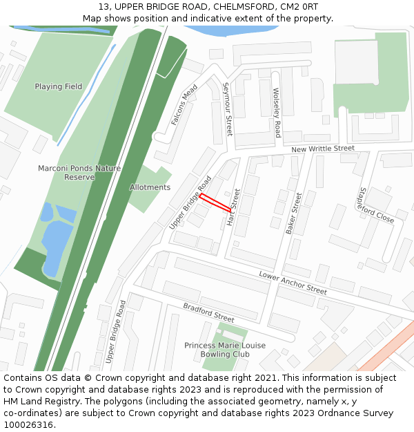 13, UPPER BRIDGE ROAD, CHELMSFORD, CM2 0RT: Location map and indicative extent of plot