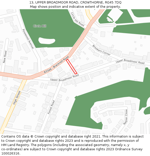 13, UPPER BROADMOOR ROAD, CROWTHORNE, RG45 7DQ: Location map and indicative extent of plot