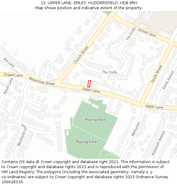 13, UPPER LANE, EMLEY, HUDDERSFIELD, HD8 9RH: Location map and indicative extent of plot