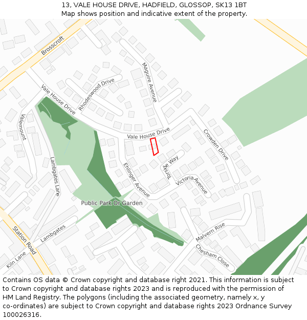 13, VALE HOUSE DRIVE, HADFIELD, GLOSSOP, SK13 1BT: Location map and indicative extent of plot