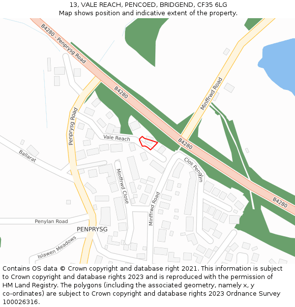 13, VALE REACH, PENCOED, BRIDGEND, CF35 6LG: Location map and indicative extent of plot