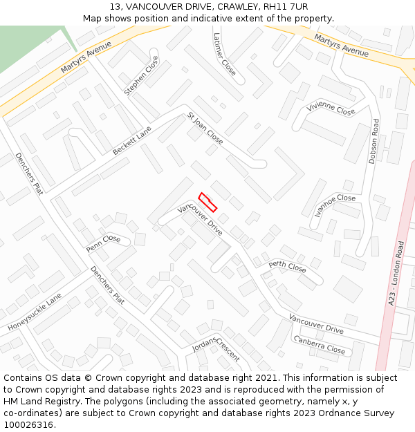 13, VANCOUVER DRIVE, CRAWLEY, RH11 7UR: Location map and indicative extent of plot