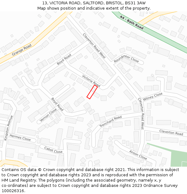 13, VICTORIA ROAD, SALTFORD, BRISTOL, BS31 3AW: Location map and indicative extent of plot