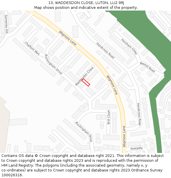 13, WADDESDON CLOSE, LUTON, LU2 9RJ: Location map and indicative extent of plot