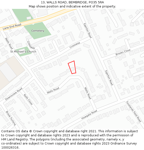 13, WALLS ROAD, BEMBRIDGE, PO35 5RA: Location map and indicative extent of plot