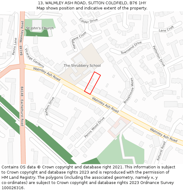 13, WALMLEY ASH ROAD, SUTTON COLDFIELD, B76 1HY: Location map and indicative extent of plot