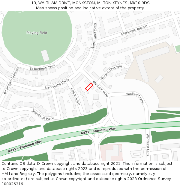 13, WALTHAM DRIVE, MONKSTON, MILTON KEYNES, MK10 9DS: Location map and indicative extent of plot