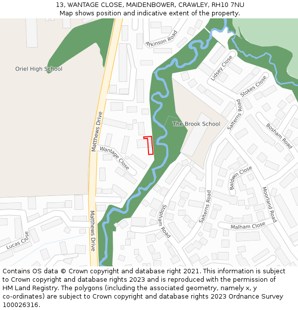 13, WANTAGE CLOSE, MAIDENBOWER, CRAWLEY, RH10 7NU: Location map and indicative extent of plot