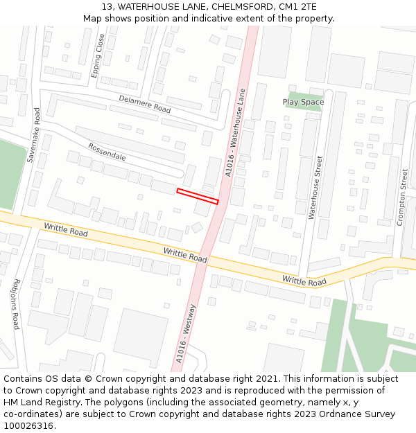 13, WATERHOUSE LANE, CHELMSFORD, CM1 2TE: Location map and indicative extent of plot