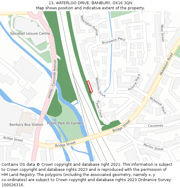 13, WATERLOO DRIVE, BANBURY, OX16 3QN: Location map and indicative extent of plot
