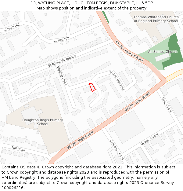 13, WATLING PLACE, HOUGHTON REGIS, DUNSTABLE, LU5 5DP: Location map and indicative extent of plot