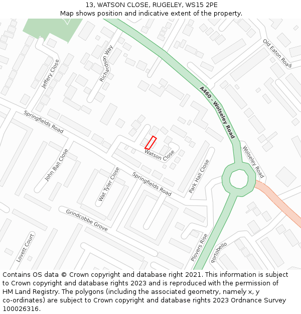 13, WATSON CLOSE, RUGELEY, WS15 2PE: Location map and indicative extent of plot