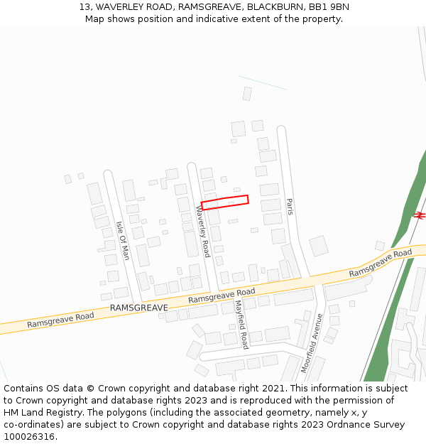 13, WAVERLEY ROAD, RAMSGREAVE, BLACKBURN, BB1 9BN: Location map and indicative extent of plot