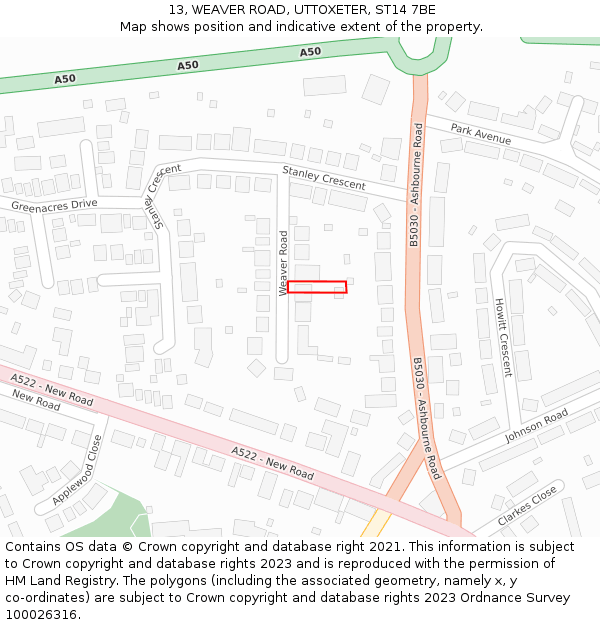 13, WEAVER ROAD, UTTOXETER, ST14 7BE: Location map and indicative extent of plot