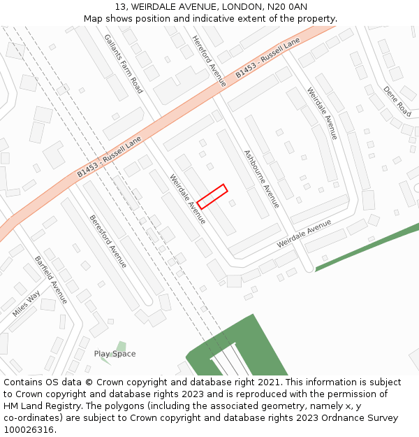 13, WEIRDALE AVENUE, LONDON, N20 0AN: Location map and indicative extent of plot