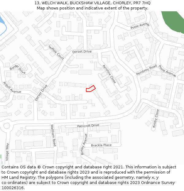 13, WELCH WALK, BUCKSHAW VILLAGE, CHORLEY, PR7 7HQ: Location map and indicative extent of plot