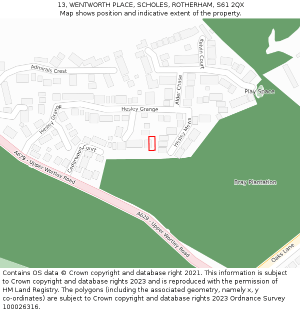 13, WENTWORTH PLACE, SCHOLES, ROTHERHAM, S61 2QX: Location map and indicative extent of plot