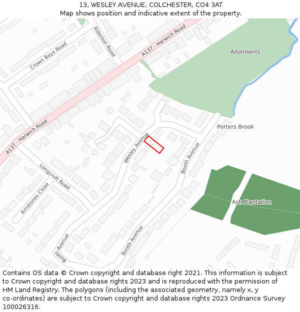 13, WESLEY AVENUE, COLCHESTER, CO4 3AT: Location map and indicative extent of plot