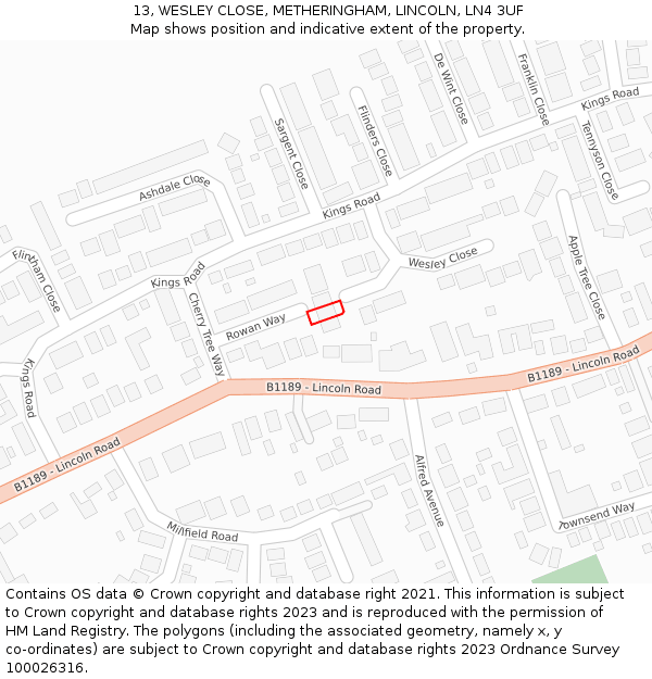 13, WESLEY CLOSE, METHERINGHAM, LINCOLN, LN4 3UF: Location map and indicative extent of plot