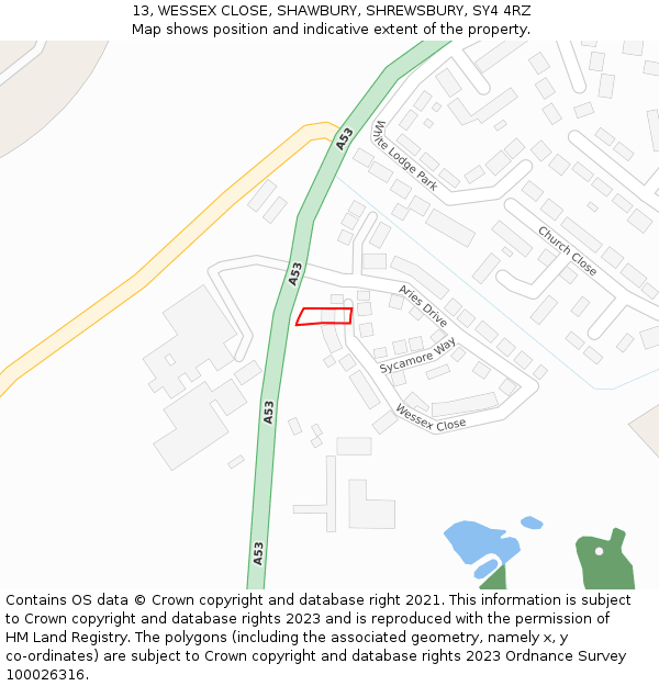 13, WESSEX CLOSE, SHAWBURY, SHREWSBURY, SY4 4RZ: Location map and indicative extent of plot