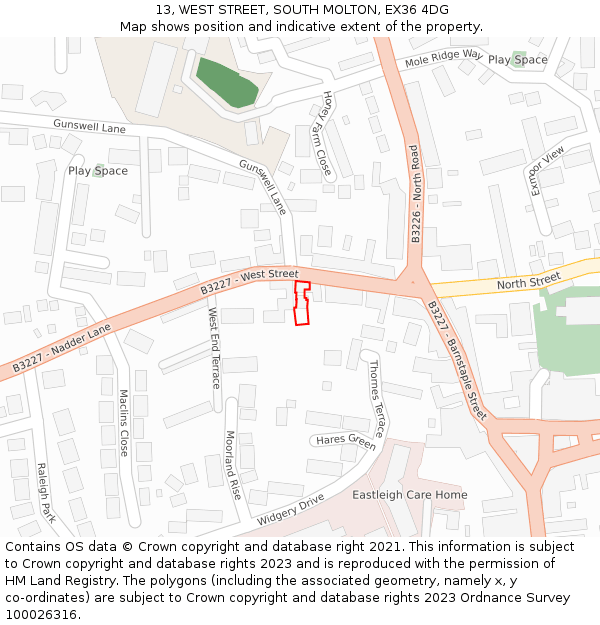 13, WEST STREET, SOUTH MOLTON, EX36 4DG: Location map and indicative extent of plot