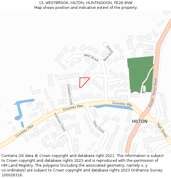13, WESTBROOK, HILTON, HUNTINGDON, PE28 9NW: Location map and indicative extent of plot