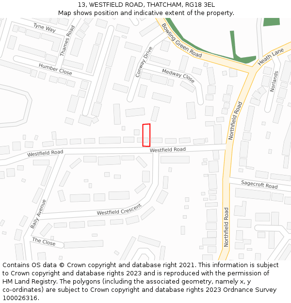 13, WESTFIELD ROAD, THATCHAM, RG18 3EL: Location map and indicative extent of plot