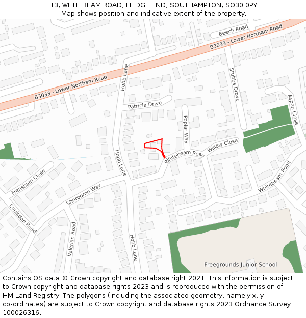 13, WHITEBEAM ROAD, HEDGE END, SOUTHAMPTON, SO30 0PY: Location map and indicative extent of plot