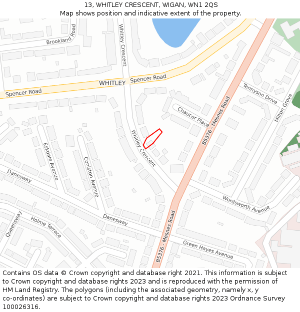 13, WHITLEY CRESCENT, WIGAN, WN1 2QS: Location map and indicative extent of plot