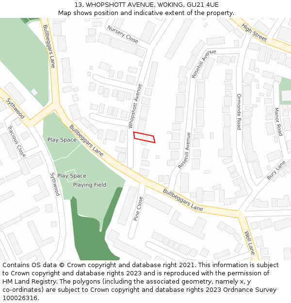 13, WHOPSHOTT AVENUE, WOKING, GU21 4UE: Location map and indicative extent of plot