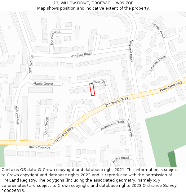 13, WILLOW DRIVE, DROITWICH, WR9 7QE: Location map and indicative extent of plot