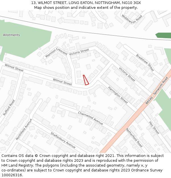 13, WILMOT STREET, LONG EATON, NOTTINGHAM, NG10 3GX: Location map and indicative extent of plot