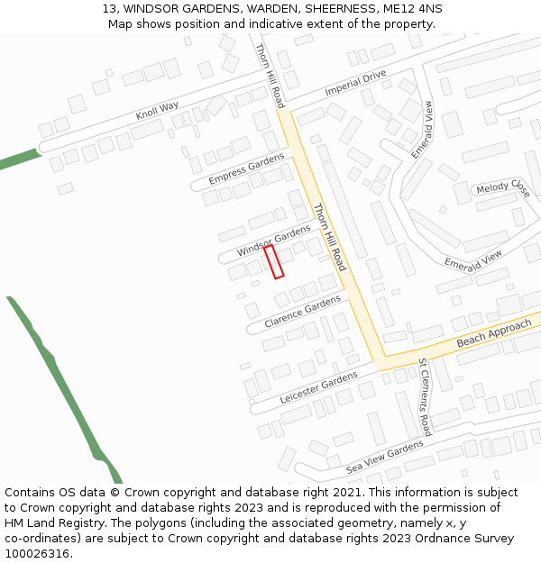 13, WINDSOR GARDENS, WARDEN, SHEERNESS, ME12 4NS: Location map and indicative extent of plot