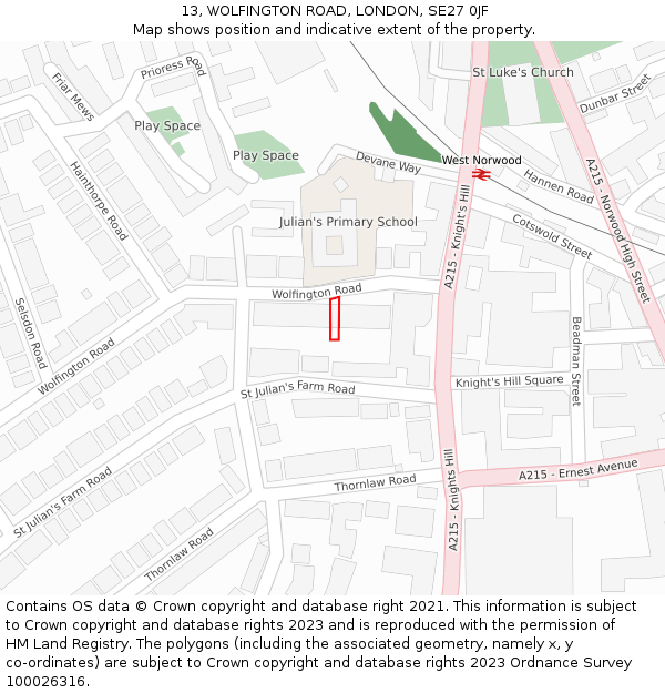 13, WOLFINGTON ROAD, LONDON, SE27 0JF: Location map and indicative extent of plot