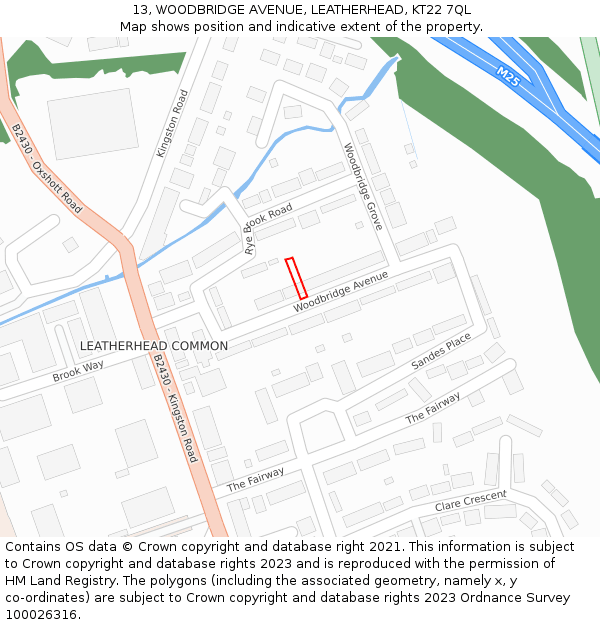 13, WOODBRIDGE AVENUE, LEATHERHEAD, KT22 7QL: Location map and indicative extent of plot