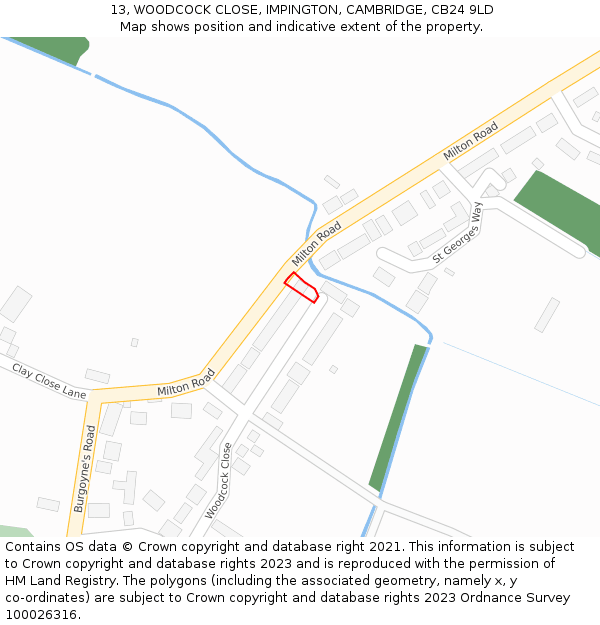 13, WOODCOCK CLOSE, IMPINGTON, CAMBRIDGE, CB24 9LD: Location map and indicative extent of plot