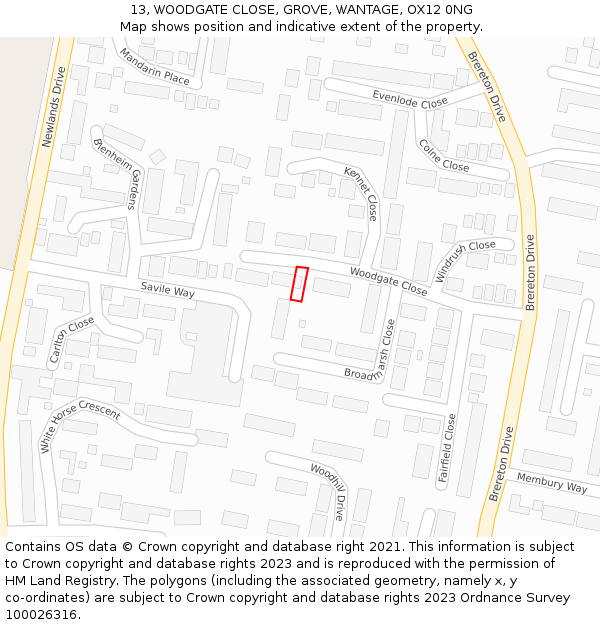 13, WOODGATE CLOSE, GROVE, WANTAGE, OX12 0NG: Location map and indicative extent of plot