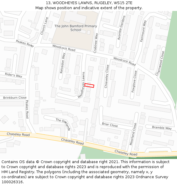 13, WOODHEYES LAWNS, RUGELEY, WS15 2TE: Location map and indicative extent of plot
