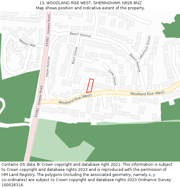 13, WOODLAND RISE WEST, SHERINGHAM, NR26 8NZ: Location map and indicative extent of plot