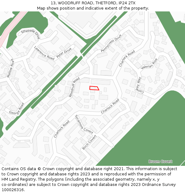 13, WOODRUFF ROAD, THETFORD, IP24 2TX: Location map and indicative extent of plot